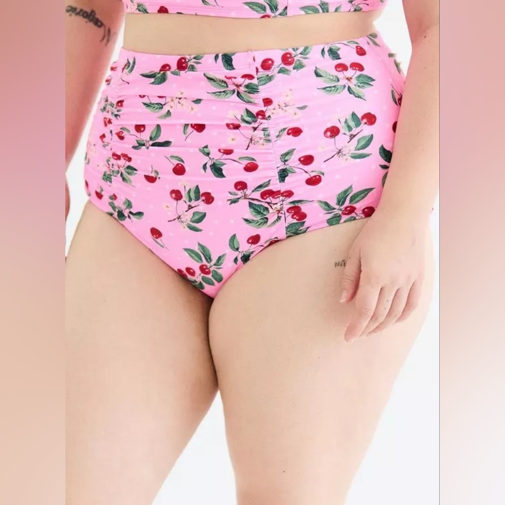 Torrid Retro Chic High-Rise Ruched Swim Bottom Only Pink Cheery Cherry 1X Nwt